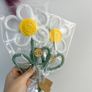Hand-Knitted Daisy Flower with Wooden Tag – Teacher Appreciation Gift image 3