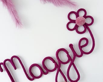 Personalized Knitted Wire Name Sign: Nursery Decor with Flower & Pom-Pom