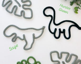 Dinosaur Themed Crocheted Wire Wall Art – Handmade Nursery Decor. T-Rex, Dino footprint, Monstera leaf.