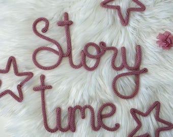 Story Time sign with stars. Kids Room Decor. Reading Corner. Knitted wire words