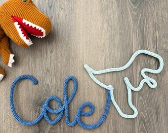 Personalised Dinosaur Name Wall Sign. Knitted Wire T-Rex with name. Boys Room Decor - Dinosaur Theme Room