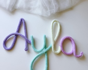 Multicoloured Wire Knitted Name Sign: Custom Nursery Decor. Colourful Name