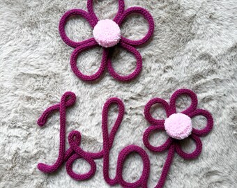 Name Decor with 2 Flowers and Pom-Poms. Personalised Knitted Wire Name Sign. Baby room. Girl room