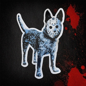 May include: A blue and white dog wearing a hockey mask. The dog is standing on a black background with red splatters.