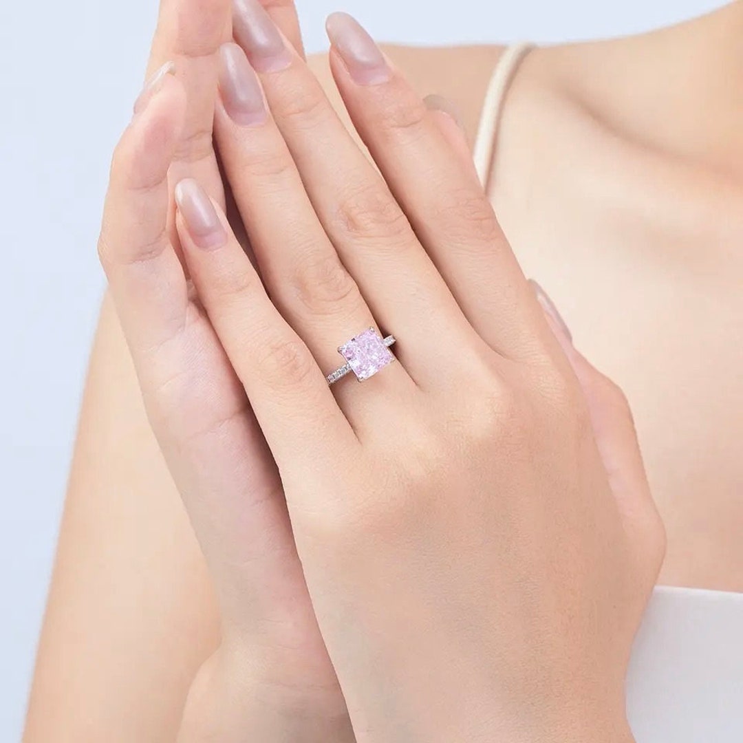 Pink Princess Cut Ring in Sterling Silver With Cubic Zirconia, Gift for