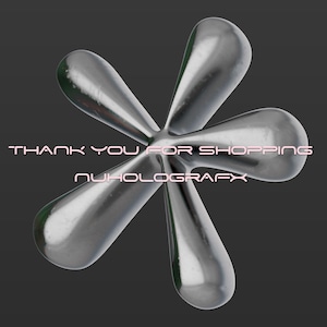 Pode incluir: Um design met&aacute;lico prateado de seis p&eacute;talas sobre um fundo cinza escuro. O texto "THANK YOU FOR SHOPPING" e "NUHOLOGRAFX" &eacute; exibido em rosa.