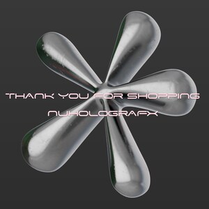 May include: A metallic silver, six-petal flower-shaped object against a dark gray background. The text "THANK YOU FOR SHOPPING NUHOLOGRAFX" is displayed in pink, above and below the object.