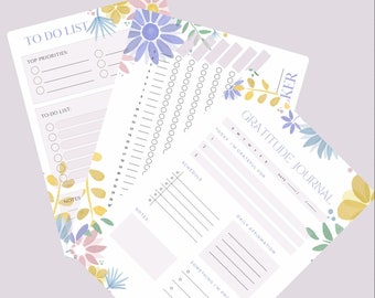 May include: A printable planner with floral illustrations. The planner includes sections for a to-do list, habit tracker, and gratitude journal.
