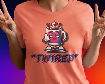 TWIRED Unisex Jersey Short Sleeve Graphic Tee, Funny and Clever Tee for the Tired yet Wired People, Coffee Lovers, Several Colors to Choose
