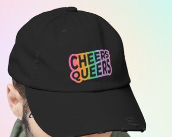 Cheers Queers LGBTQ Pride Unisex Distressed Cap, Pride Cap, Pride Hat, Pride Month Hat