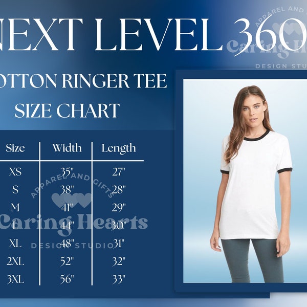 Size Chart, Next Level 3604, T-shirt Measurements, 3604 Size Chart, Unisex Cotton Ringer T-shirt, Next Level 3604 Blue Size Chart