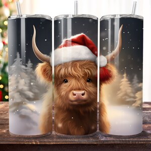 Baby Highland Cow Santa Hat 20oz Sublimation Skinny Tumbler Designs, Straight Skinny Tumbler Wrap, Tapered,  Instant Download PNG
