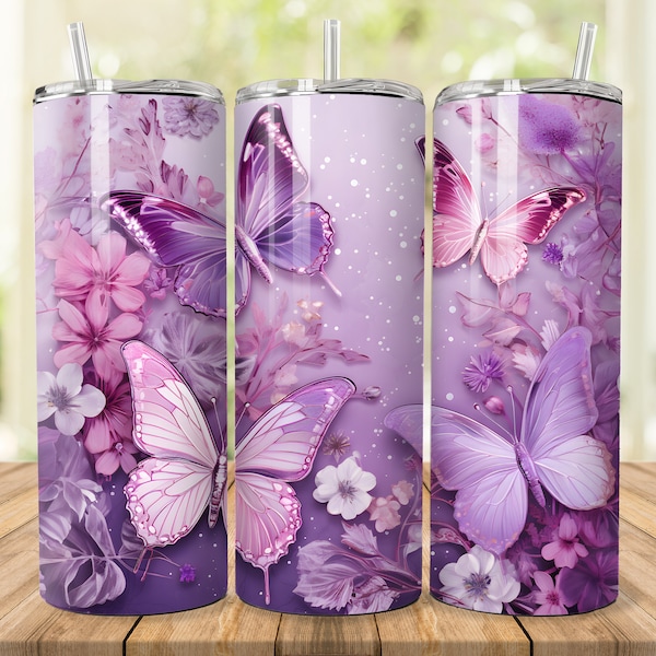 Purple Butterflies and Flowers 20oz Sublimation Skinny Tumbler Designs, Straight Skinny Tumbler Wrap, Tapered,  Instant Download PNG