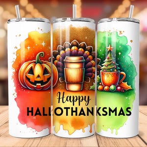 Happy Hallothanksmas 20 oz Skinny Tumbler Halloween PNG, Sublimation Design DIGITAL, Christmas png, Thanksgiving PNG, Funny Holiday Design