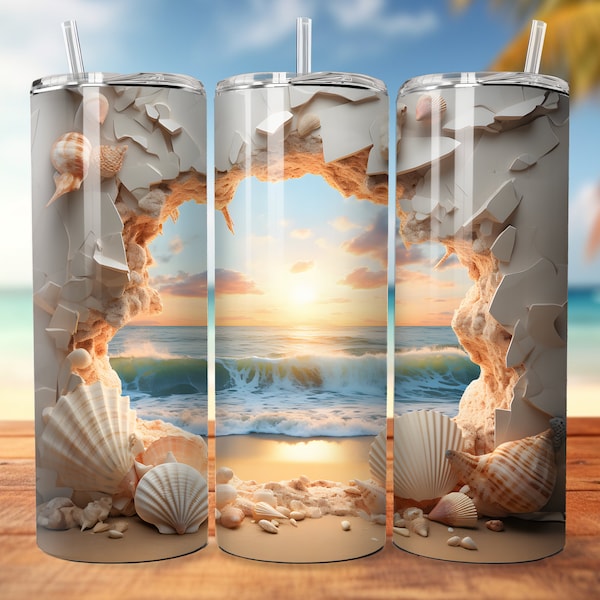 3D Cracked Wall Beach Sea Shells 20oz Sublimation Skinny Tumbler Designs, Straight Skinny Tumbler Wrap, Tapered,  Instant Download PNG