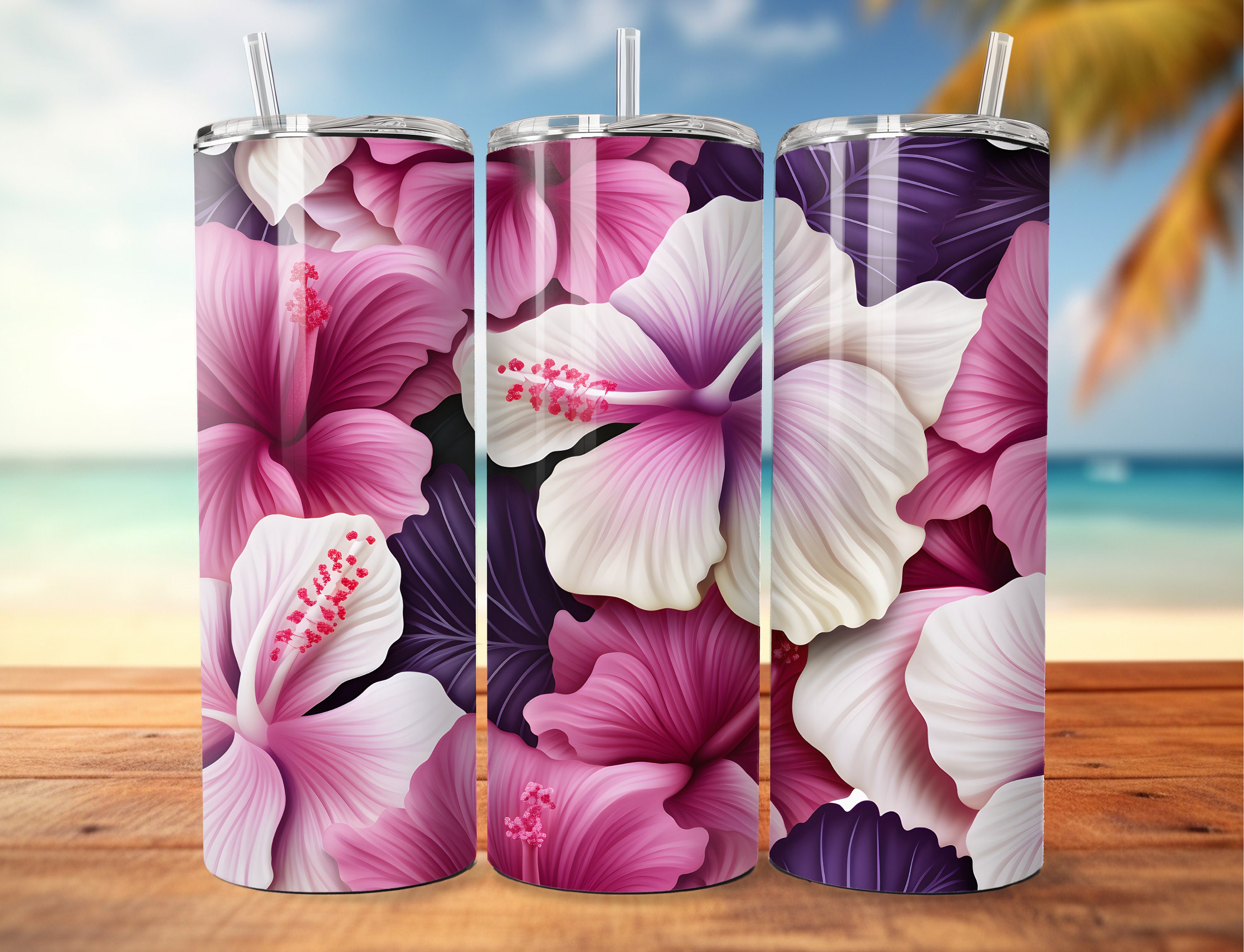 3D Hibiscus Flower 20oz Tumbler Design: Purple Pink Floral (PNG