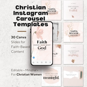 Op de afbeelding: Een digitale productmockup met Christian Instagram Carousel Templates. Het ontwerp bevat 30 Canva-dia's voor op geloof gebaseerde content. De sjablonen zijn bewerkbaar en minimalistisch, met inspirerende citaten en bloemaccenten. De tekst luidt: "Faith doesn't rush what God is shaping."