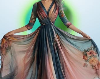 V Neck  Hight Waist Pleat Party Dresses Contrast Mesh Pleated Long Dress Long Sleeves Maxi Dress.