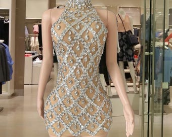 Halter Neck Dress| Bridesmaid Dress| Evening Party Dress| Rhinestone sexy Dress|  Birthday Party .