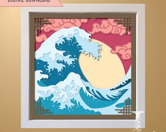Ocean Waves Shadow Box Cut File - Japanese Lightbox Scene - Layered Shadowbox Templates - Wall Decor, Cricut, Silhouette, SVG