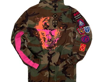 CAMO SKULL SPLATTER Custom Light Weight Vintage Military Issue Cotton Baggy Oversized Jacket One of a Kind