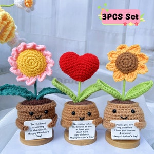 Handmade Crochet Sunflower/Daisy/Heart Shape Flower-Emotional Support Plant Gift-Mother's Day Gifts-Gifts for Mom-Love for Mom-Crochet Decor 3PCS(1 of each)