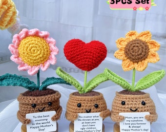 Girasol de ganchillo hecho a mano/Margarita/Flor en forma de corazón-Planta de apoyo emocional Regalo-Regalos del Día de la Madre-Regalos para mamá-Amor para mamá-Decoración de ganchillo