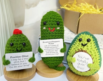 3PCS Emotional Support Gift-Crochet Pickle/Avocado/Olive-Handmade Positive Healthy Vegetables-Cheer Up Gift-Crocher Desk Decor-Gifts for her