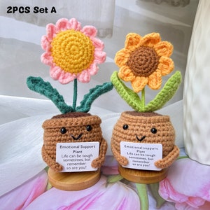 3PCS Emotional Support Gifts-Handmade Crochet Sunflower/Daisy/Tulip Potted Plants-Mother's Day Gift-Crochet Flower Decor-Encouragement Gifts