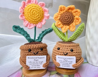 3PCS Regalos de apoyo emocional-Girasol de ganchillo hecho a mano/Margarita/Tulipán Plantas en macetas-Regalo del Día de la Madre-Decoración de flores de ganchillo-Regalos de aliento