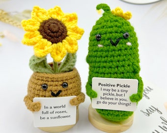 Handmade Crochet Emotional Support Pickle Caring Gifts,Custom Crochet Sunflower Pot,Encouragement Gift for Kids/Friends/Family/Coworkers