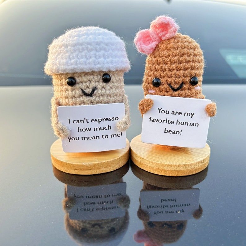 Lovely Crochet Coffee Cup and Bean Couple-Car Dashboard Decor-Newlyweds' New Car Gift-First Car Gift-Crochet Decoration-Drive Safe-Car Decor image 1
