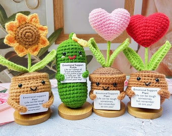 Muttertagsgurke mit Blumentopf, handgefertigt, gehäkelt, emotionale Unterstützungsgurke/Sonnenblume/herzförmige Blumen-Ermutigungsgeschenke für Sie