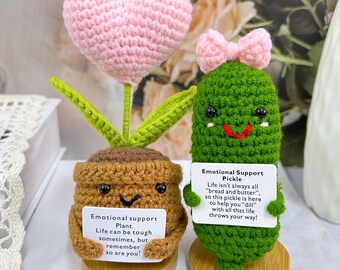 Personalized Mother's Day Gifts-Handmade Crochet Pink Bow Pickle with Pink Heart Potted Plant-Emotional Support Gift-Love for Mom-Desk Decor