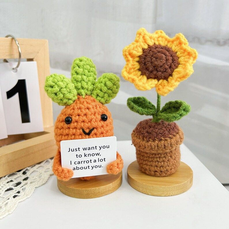 3PCS Adorable Caring Gift Set-Handmade Crochet Carrot/Red Bean/Sunflower Desk Ornament-Mother's Day Gift-Gift for Mom/Grandma-Show Love Gift Carrot+Sunflower