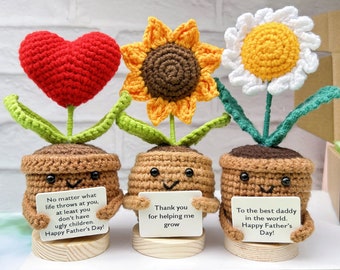 Tournesol/coeur fleur/marguerite au crochet fait main - Plante de soutien émotionnel - Cadeaux pour la fête des pères - Merci de m'avoir aidé à grandir - Déco de bureau pour le bureau