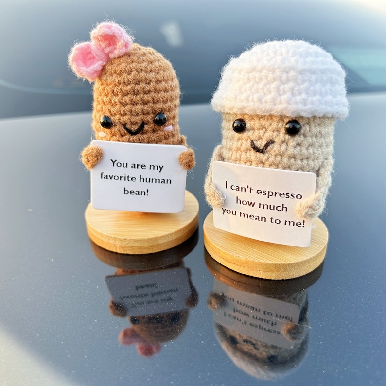 Lovely Crochet Coffee Cup and Bean Couple-Car Dashboard Decor-Newlyweds' New Car Gift-First Car Gift-Crochet Decoration-Drive Safe-Car Decor image 2