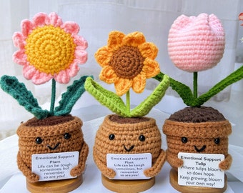 3 STÜCKE Emotionale Unterstützung Geschenke-Handgemachte Häkelblume / Gänseblümchen / Tulpe Topfpflanzen-Muttertagsgeschenk-Häkelblumendekor-Ermutigungsgeschenke
