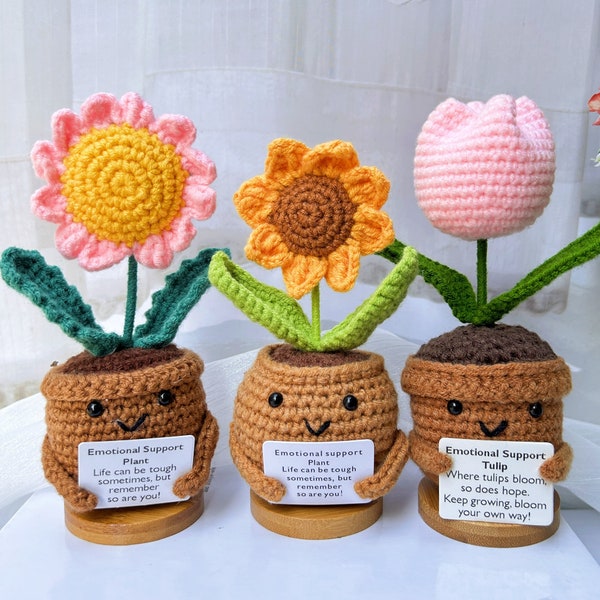 3PCS Regalos de apoyo emocional-Girasol de ganchillo hecho a mano/Margarita/Tulipán Plantas en macetas-Regalo del Día de la Madre-Decoración de flores de ganchillo-Regalos de aliento