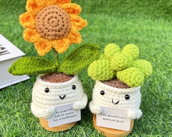 Plante succulente au crochet faite main avec tournesol-succ sans vous réchauffer-tournesol-soutien émotionnel plante-cadeau pour elle-bureau au crochet décoration végétale