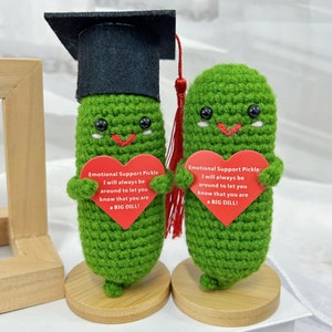 Cute Crochet Pickle Wearing Graduation Tassel Hat-Emotional Support Pickle-Gift for Graduates-Memorable Graduation Gifts-Crochet Desk Decor