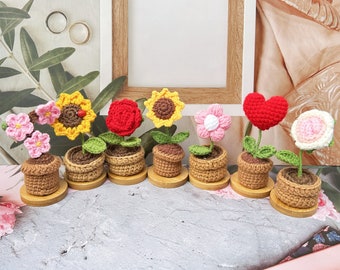 Mignons pots de fleurs au crochet faits main - tournesol/rose/tulipe/fleur de prunier/coeur au crochet fleurs-jardin de mère/grand-mère-cadeaux pour elle-décoration de bureau