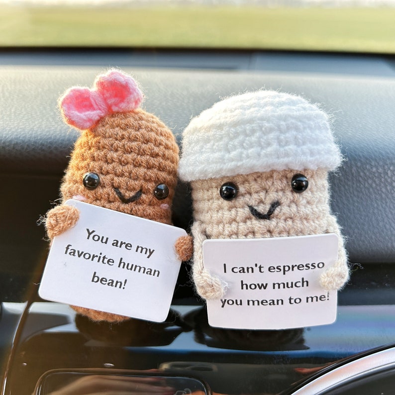 Lovely Crochet Coffee Cup and Bean Couple-Car Dashboard Decor-Newlyweds' New Car Gift-First Car Gift-Crochet Decoration-Drive Safe-Car Decor image 3