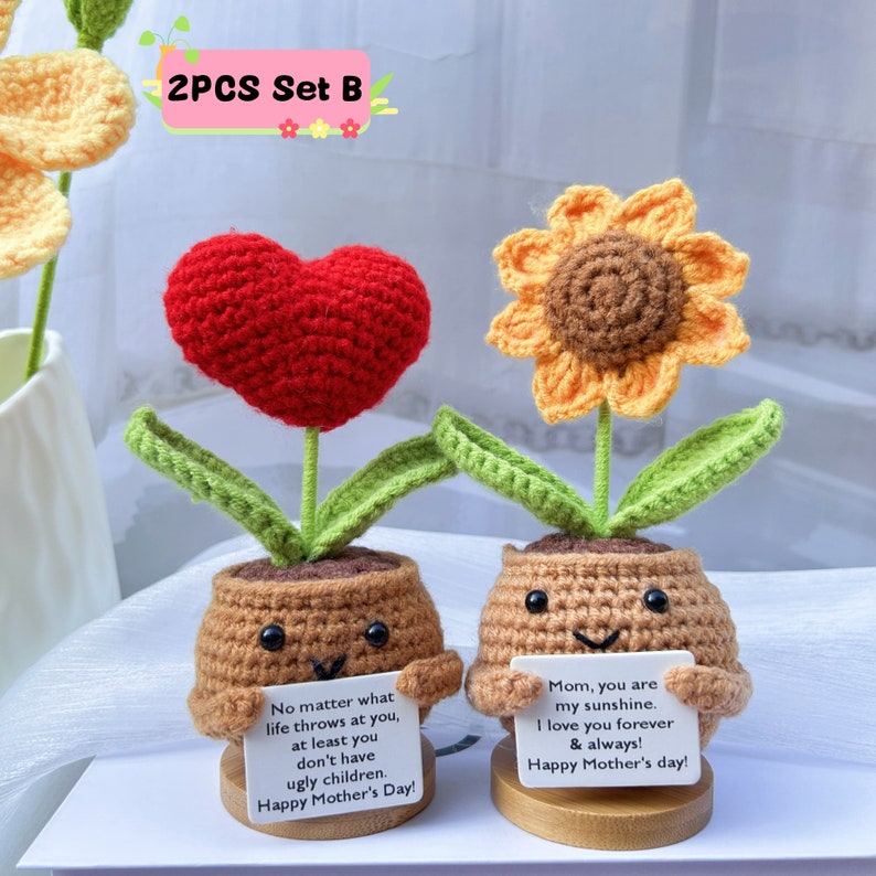 Handmade Crochet Sunflower/Daisy/Heart Shape Flower-Emotional Support Plant Gift-Mother's Day Gifts-Gifts for Mom-Love for Mom-Crochet Decor 2PCS Set B