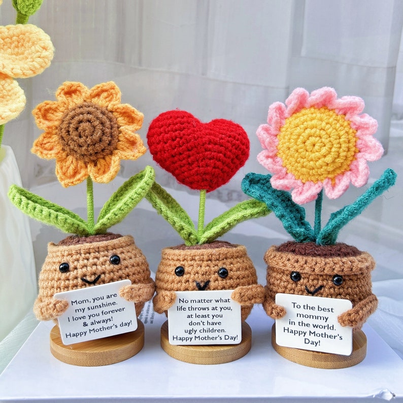 Handmade Crochet Sunflower/Daisy/Heart Shape Flower-Emotional Support Plant Gift-Mother's Day Gifts-Gifts for Mom-Love for Mom-Crochet Decor zdjęcie 2