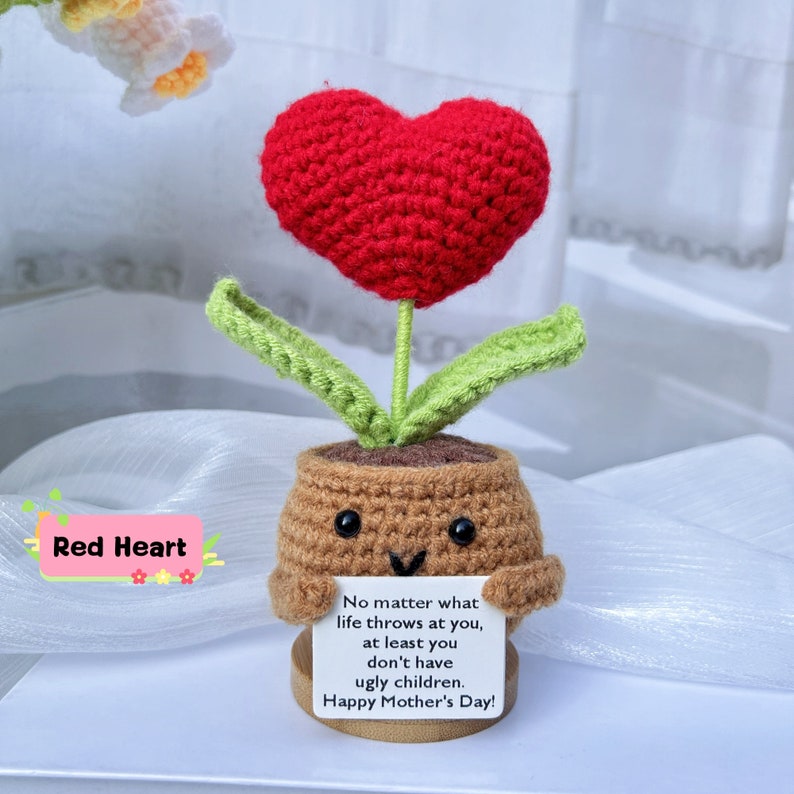 Handmade Crochet Sunflower/Daisy/Heart Shape Flower-Emotional Support Plant Gift-Mother's Day Gifts-Gifts for Mom-Love for Mom-Crochet Decor Red Heart