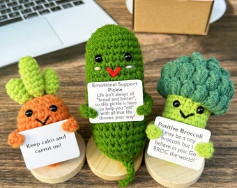 3PCS Emotional Support Gift Set-Crochet Pickle/Carrot/Broccoli-Handmade Positive Healthy Vegetables-Self care Gift-Crocher Desk Decorations