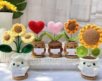 Pianta regalo fatta a mano per supporto emotivo - Girasole all'uncinetto/Fiore a forma di cuore - Decorazione da scrivania all'uncinetto - Regalo per la festa della mamma - Regalo per collega/migliore amico