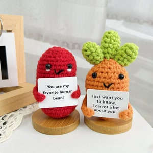 Ensemble-cadeau adorable de 3 pièces au crochet fait main carotte/haricot rouge/tournesol ornement de bureau-cadeau fête des mères-cadeau pour maman/grand-mère-cadeau d'amour Bean+Carrot