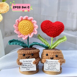 Handmade Crochet Sunflower/Daisy/Heart Shape Flower-Emotional Support Plant Gift-Mother's Day Gifts-Gifts for Mom-Love for Mom-Crochet Decor 2PCS Set C